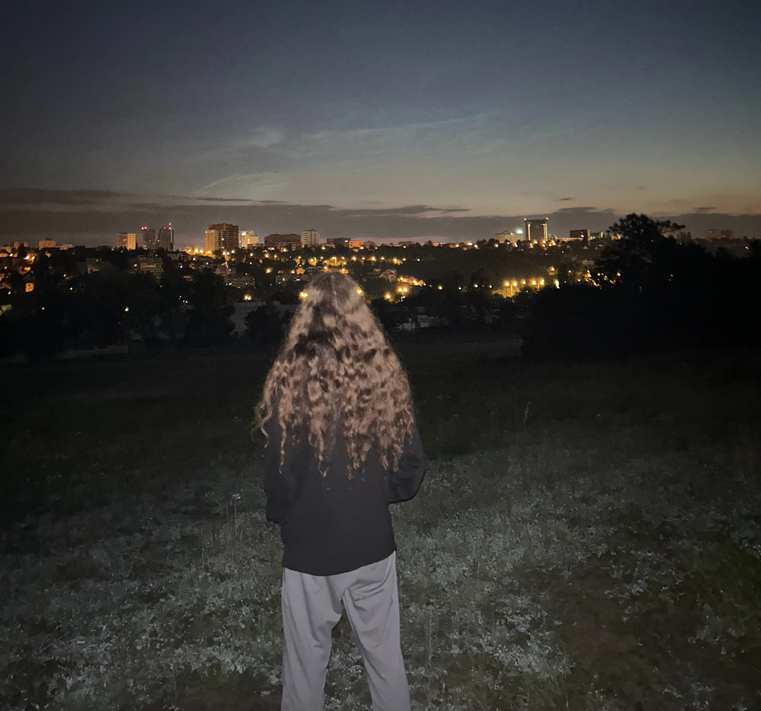 Simon stands on a grassy hill with his back to the camera, looking off into the night Prague skyline.